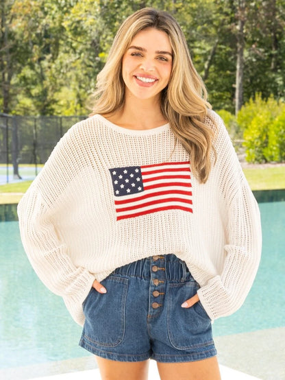 Oversized American Flag Sweater with open knit. Available in sizes S-XL.