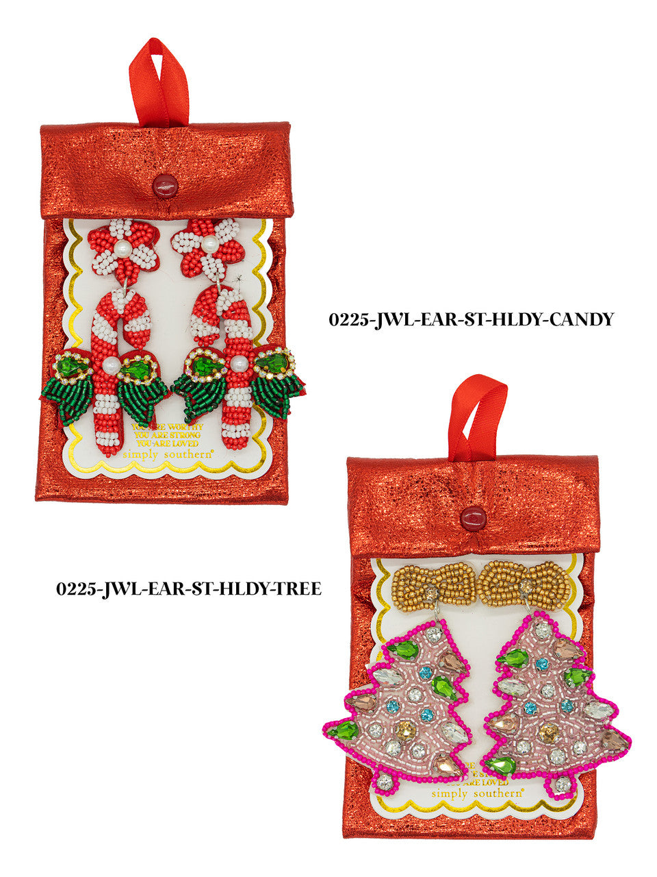 Holiday Stud Earrings in beaded candy cane and Christmas tree designs.