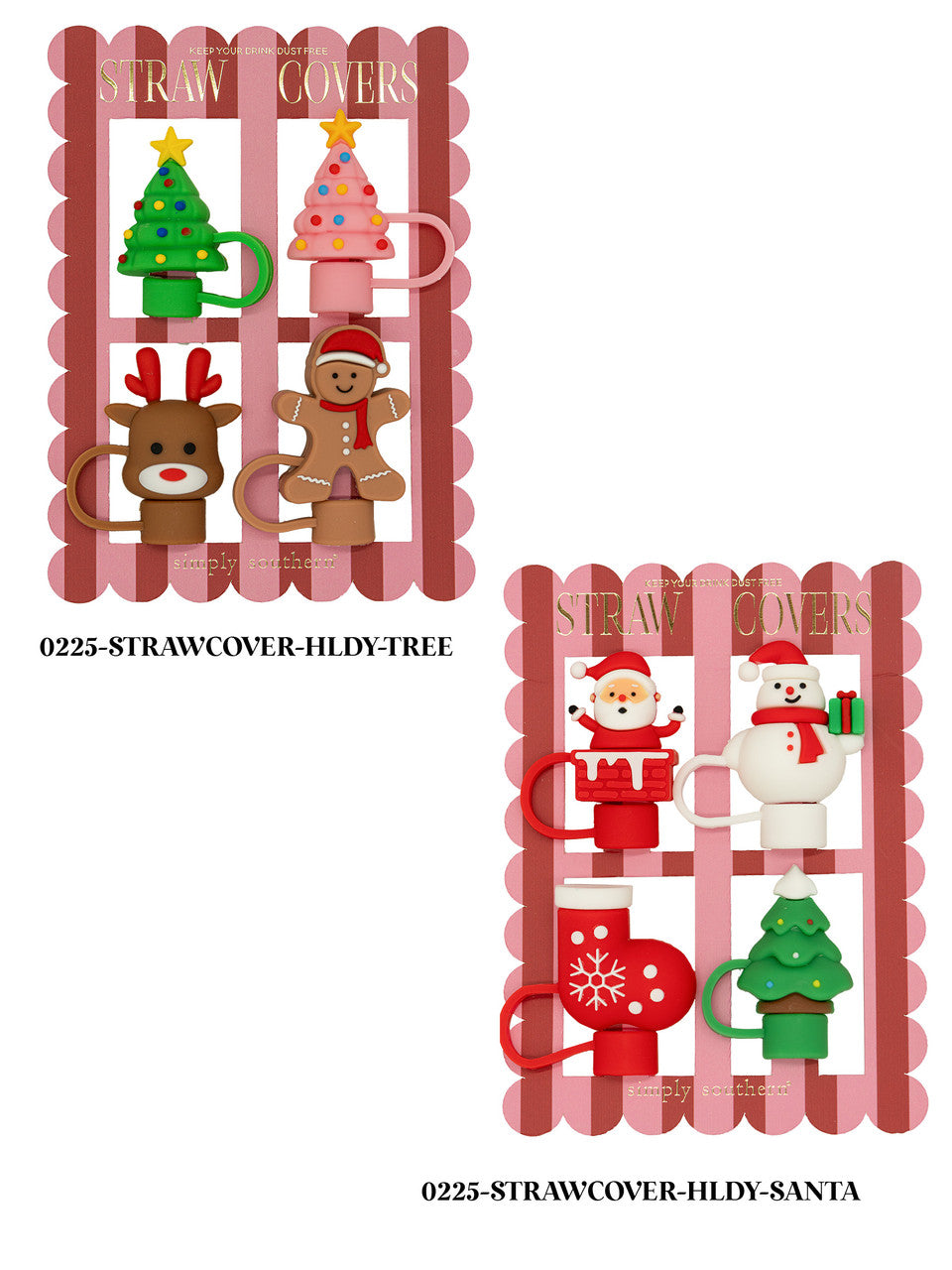 Holiday straw covers in Christmas tree, reindeer, gingerbread man, Santa Claus, snowman, and stocking shapes.