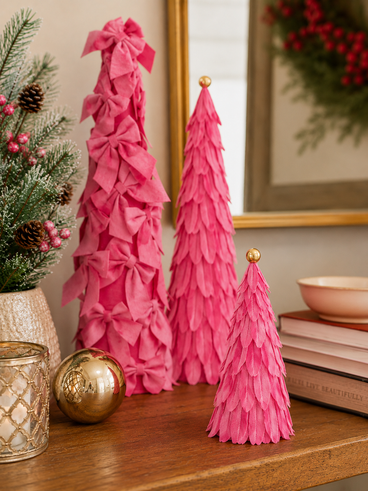 Three cone-shaped pink Velvet Decor Trees featuring fabric bows and layered petals.