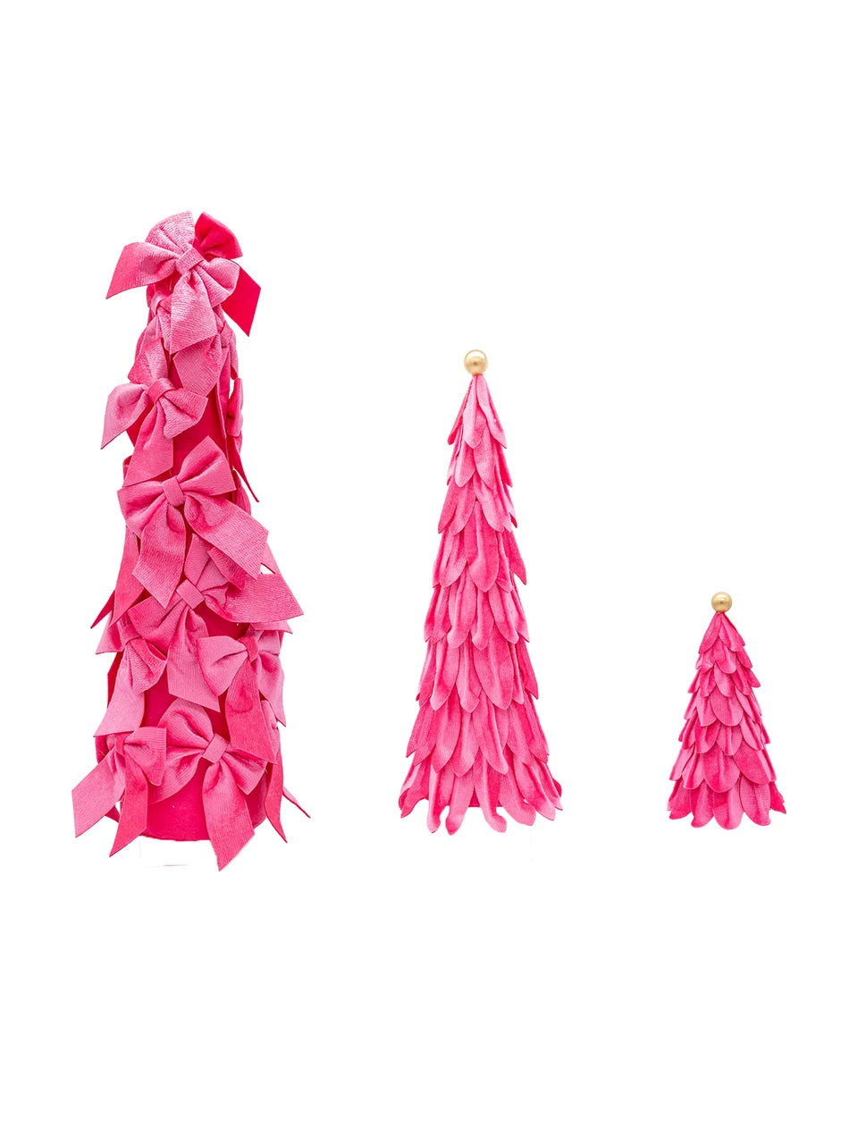 Three pink cone-shaped Velvet Decor Trees in small, medium, and large sizes; one with bows and two with fabric petal layers.