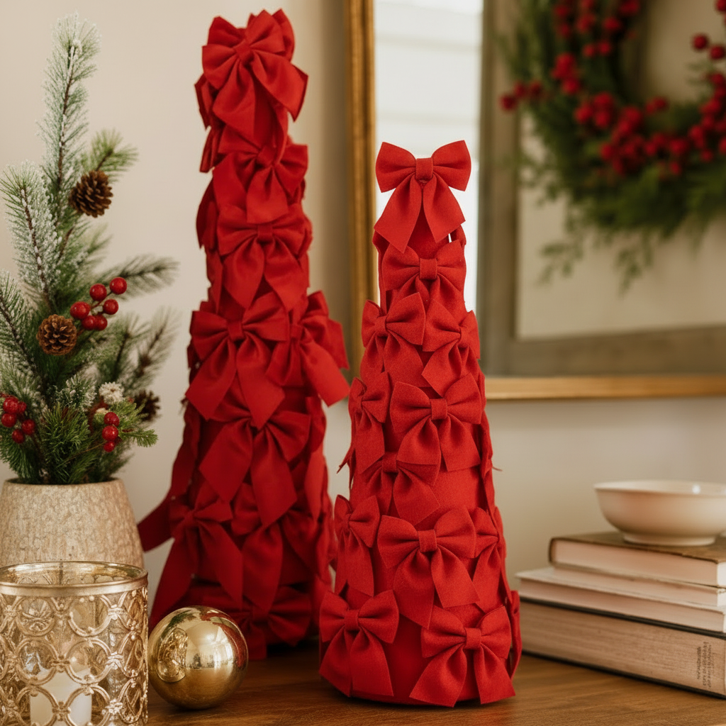 Two Velvet Decor Tree tabletop trees covered in red bows, available in multiple sizes.
