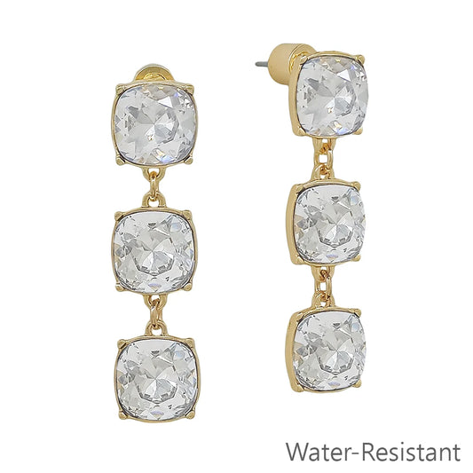 Pryn Clear Crystal Post Earrings: gold-tone dangle earrings with three stacked square clear crystals. Water-resistant. Available sizes: not specified.