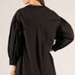 Loose black P. CILL Poplin Balloon Sleeve Button Up Shirt, 100% cotton, gathered fabric details on shoulders and sleeves. Sizes: S, M, L, XL.