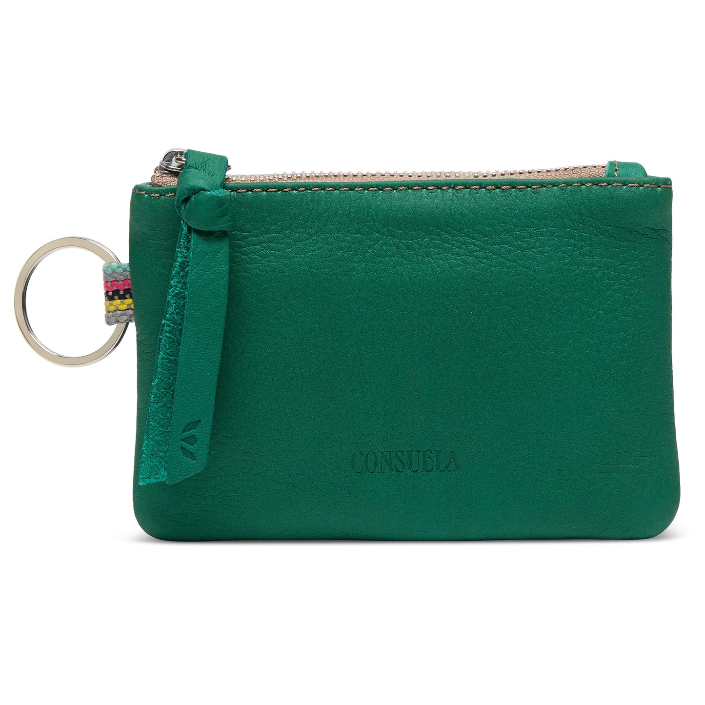 Small teal leather wallet with tassel zipper, silver keyring, "CONSUELA" embossed; available in one compact size.