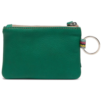 Teal green leather coin purse with zipper, woven loop, and silver keyring. Available sizes: Small, Medium, Large.