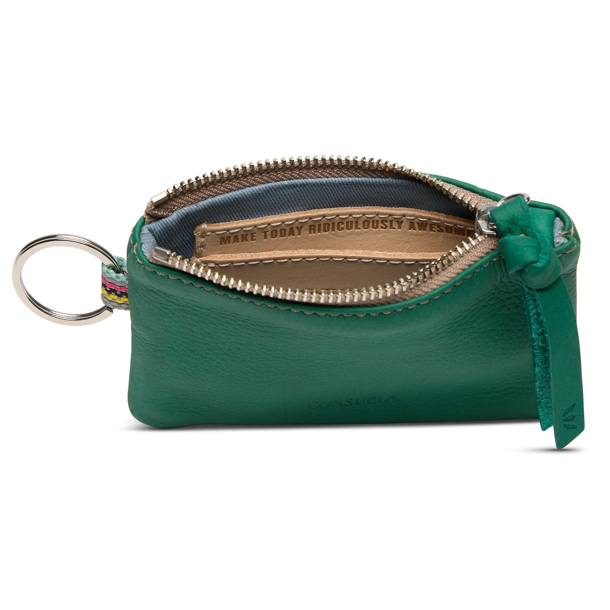 The Pouch, Teal: small green leather wallet with keyring, open zipper, lined inside, "MAKE TODAY RIDICULOUSLY AWESOME." Sizes: S, M.