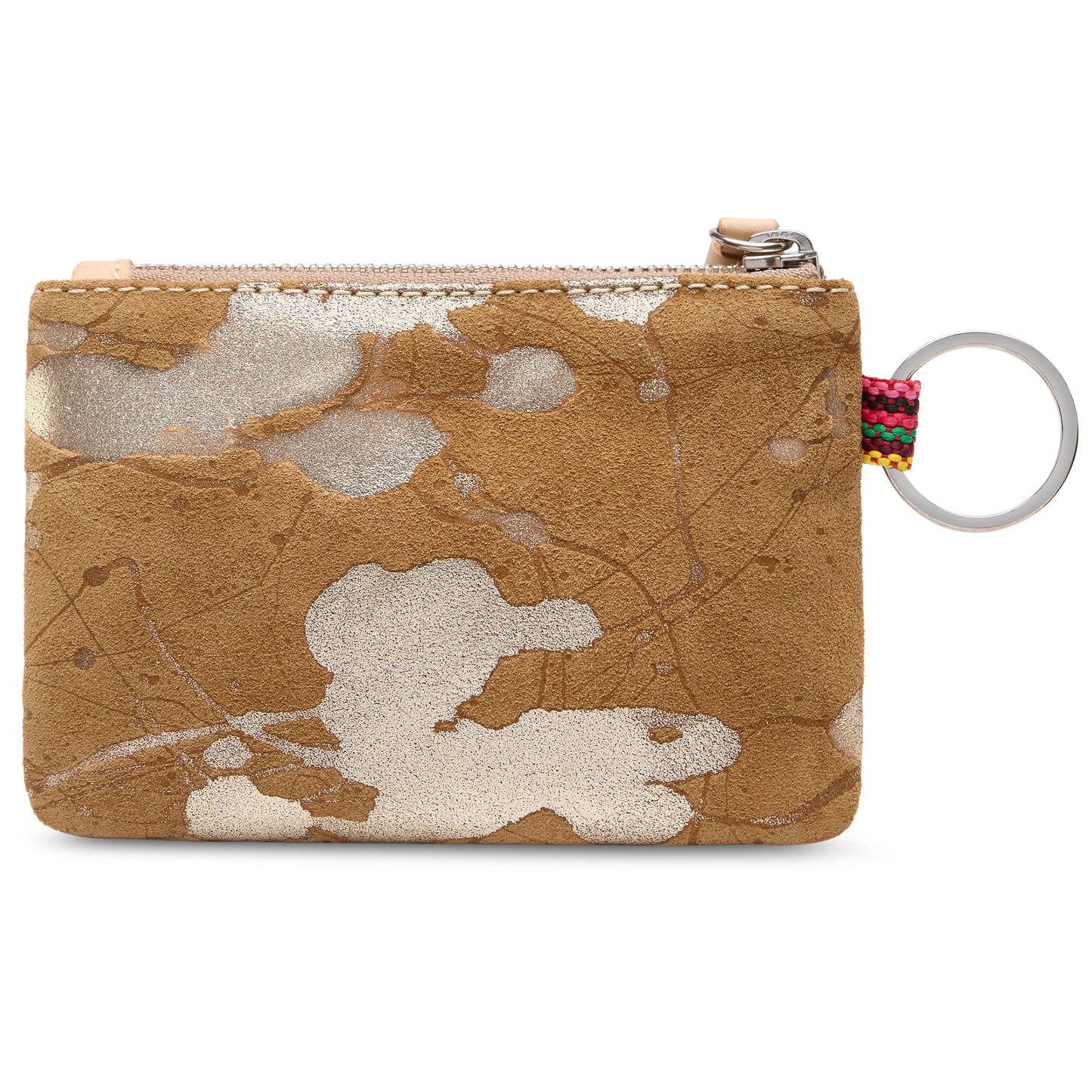 Small tan suede zippered coin pouch with white splotches, silver zipper, silver keyring, and a multicolored woven loop near the zipper. Fits coins or cards. Available in one size.