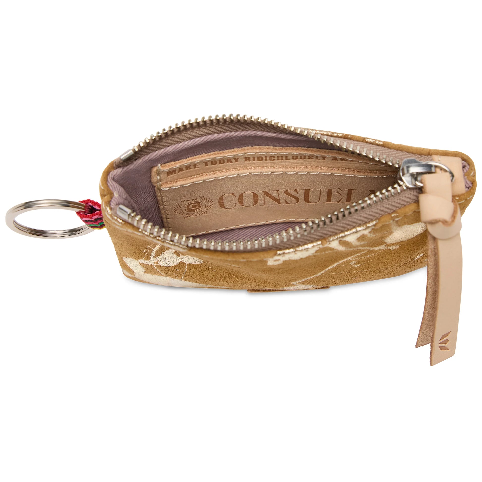 The Pouch, Marlow is a small tan suede wallet with white embroidery, an unzipped compartment showing a leather Consuela tag inside, a leather keyring on the left, and a leather zipper pull on the right. Available in one compact size.
