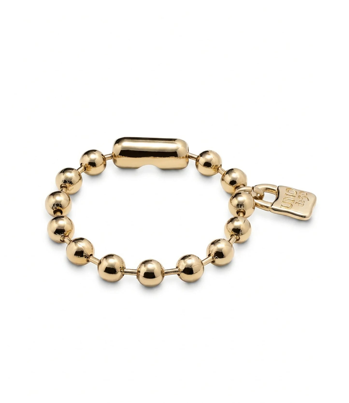 Gold-plated beaded bracelet with a padlock-shaped charm. Available in multiple sizes.
