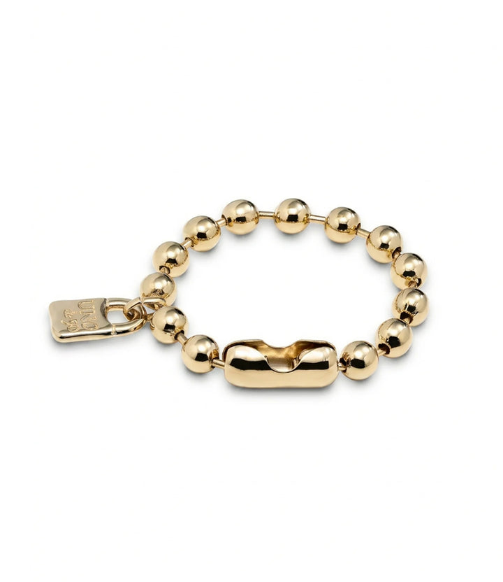 Gold-plated beaded bracelet with a shiny rectangular padlock charm and a small tag; available in multiple sizes.