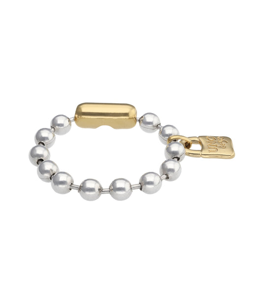 Silver and gold beaded bracelet with a rectangular gold accent and a small engraved padlock charm. Available in sizes S, M, and L.