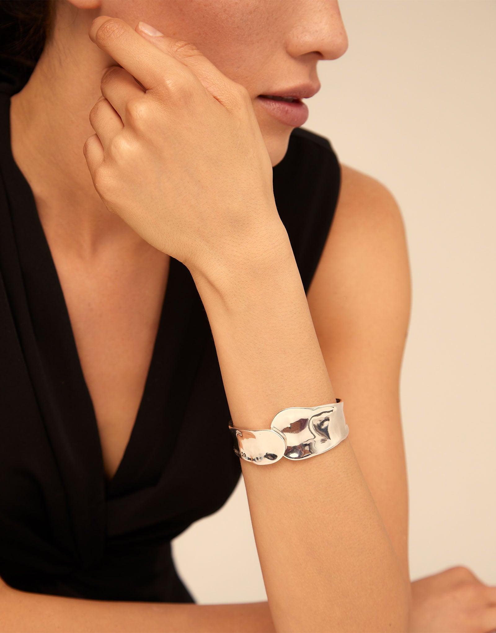 Minimalist Bangle Bracelet, shiny silver-plated and handcrafted in Spain; available in small, medium, and large sizes.