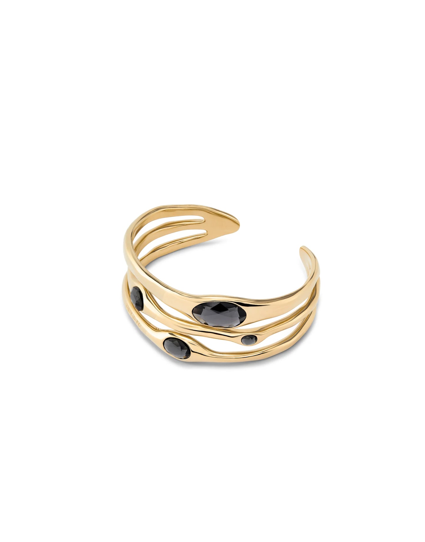 Bangle Bracelet with three wavy bands, each set with black gemstones of varying sizes. Polished finish and modern, organic-inspired design. Available sizes: S, M, L.