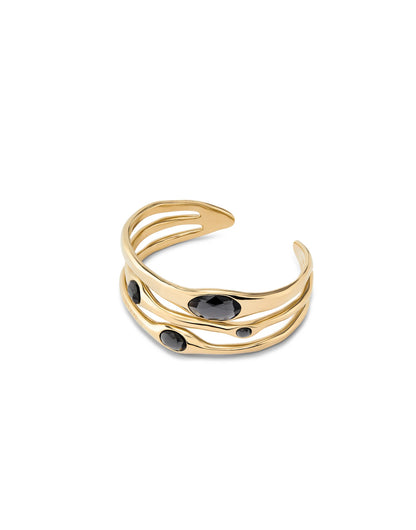 Bangle Bracelet with three wavy bands, each set with black gemstones of varying sizes. Polished finish and modern, organic-inspired design. Available sizes: S, M, L.
