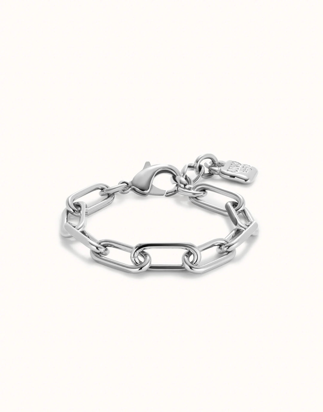 Sterling silver paper clip chain-link bracelet with lobster clasp and small padlock charm, available in multiple sizes.