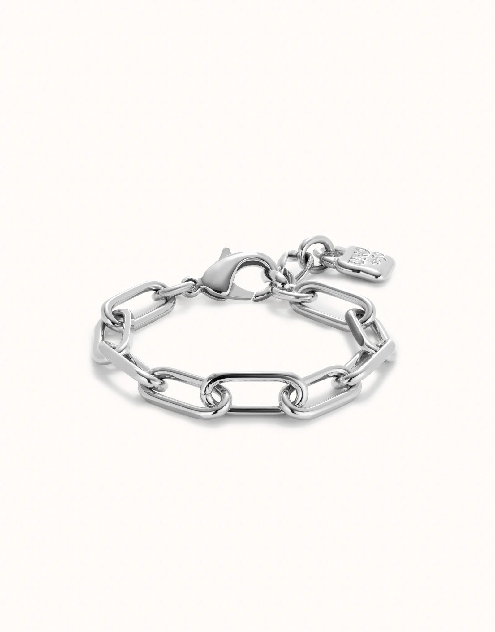 Sterling silver paper clip chain-link bracelet with lobster clasp and small padlock charm, available in multiple sizes.