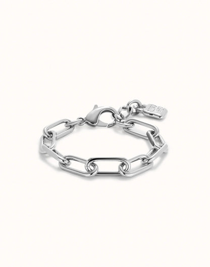 Sterling silver paper clip chain-link bracelet with lobster clasp and small padlock charm, available in multiple sizes.