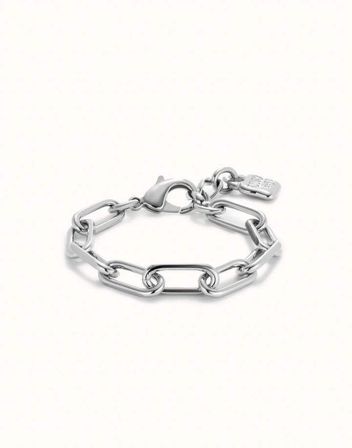 Sterling silver paper clip chain-link bracelet with lobster clasp and small padlock charm, available in multiple sizes.