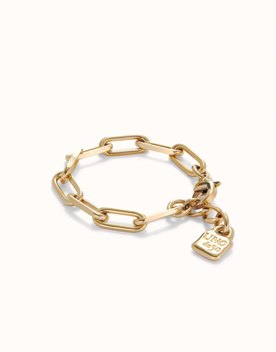18K gold-plated paper clip link bracelet with a dangling padlock charm engraved with "JUNG DEEP"; available in sizes S, M, and L.