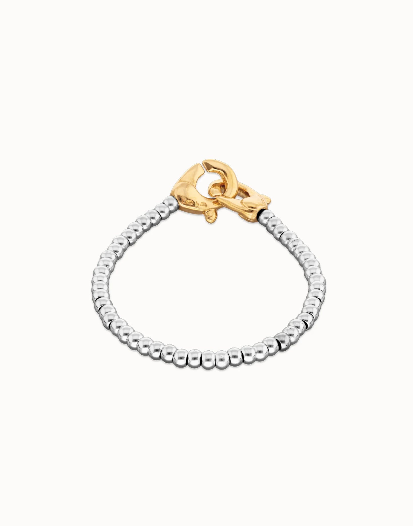 Beaded Bracelet with silver-plated beads and gold carabiner clasp. Available in S, M, L.