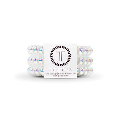 TELETIES Hair Ties: Pack of three spiral iridescent ties providing strong grip and no-rip design. Available in standard size.