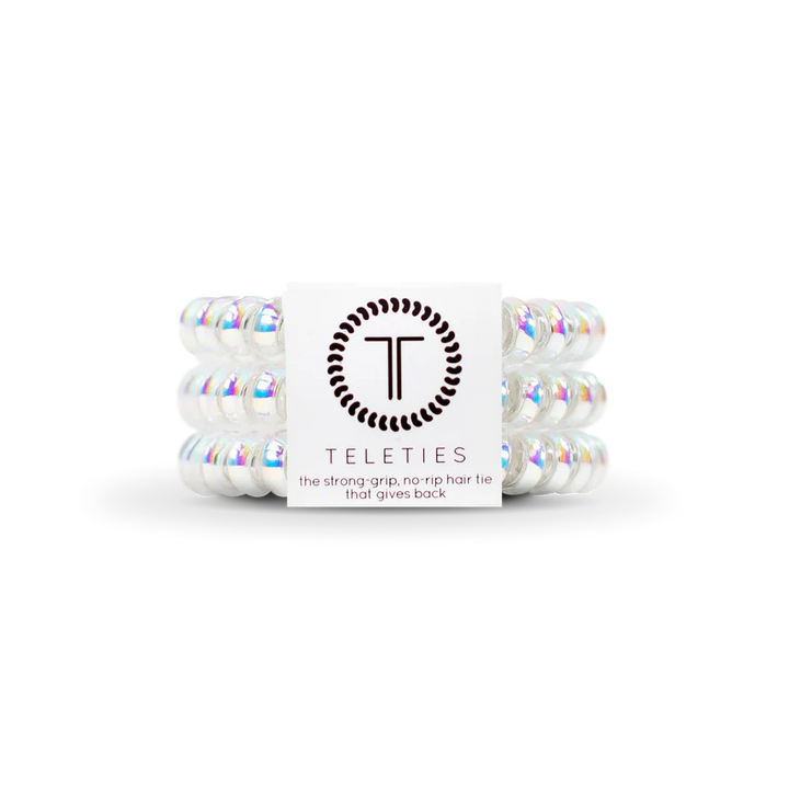 TELETIES Hair Ties: Pack of three spiral iridescent ties providing strong grip and no-rip design. Available in standard size.
