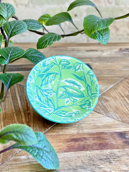 Small, round tidbit bowl from the Classic Collection with green and blue leafy pattern; available in multiple sizes.