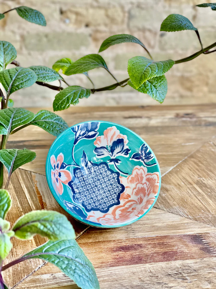 The Classic Collection Tidbit Bowl with blue, orange, and green floral porcelain. Sizes available: small, medium, large.