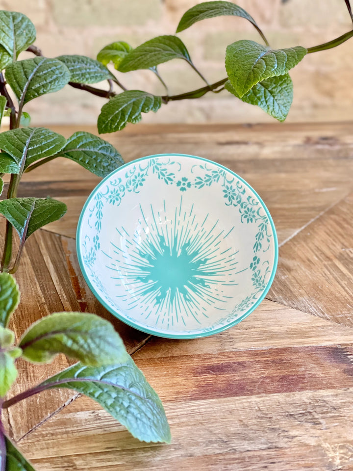 Classic Collection Tidbit Bowl with teal sunburst and floral rim. Available in 4", 6", and 8" sizes.
