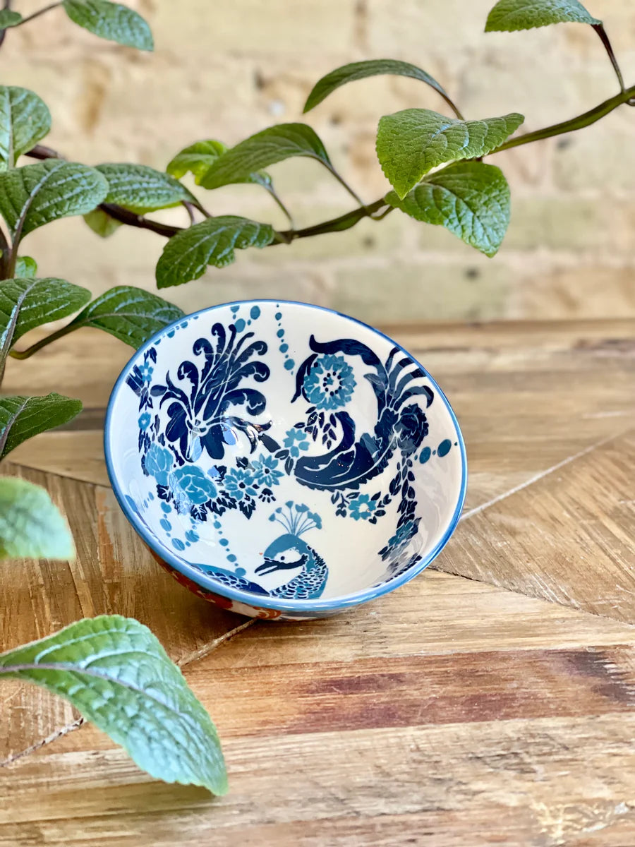 Classic Collection Tidbit Bowl with blue floral and peacock patterns. Available sizes: small, medium, large.