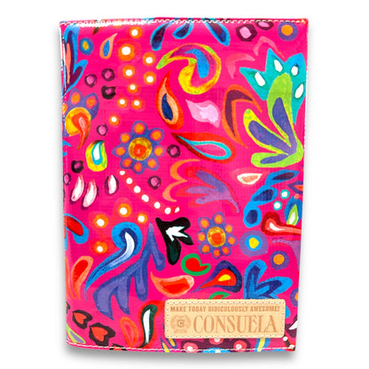 Colorful floral pink Ceci Consuela Notebook cover with tan label; available in A5 and A6 sizes.