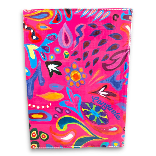 Consuela Notebook, Ceci: Reusable cover with vibrant pink, blue, yellow, and green floral paisley. Sizes available.