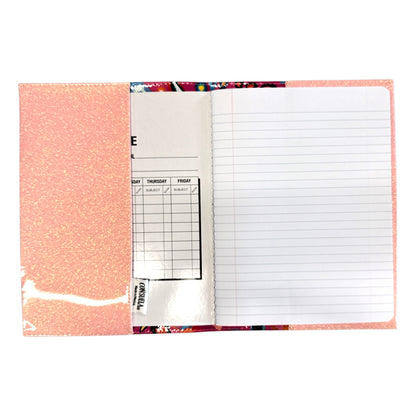 Consuela Notebook, Ceci: open pink glittery cover, lined right page, clear left pocket with timetable. Sizes available.