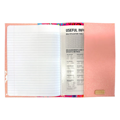 Consuela Notebook, Ceci: pink glitter cover, lined pages, reference sheet inside. Available in standard A5 and A6 sizes.
