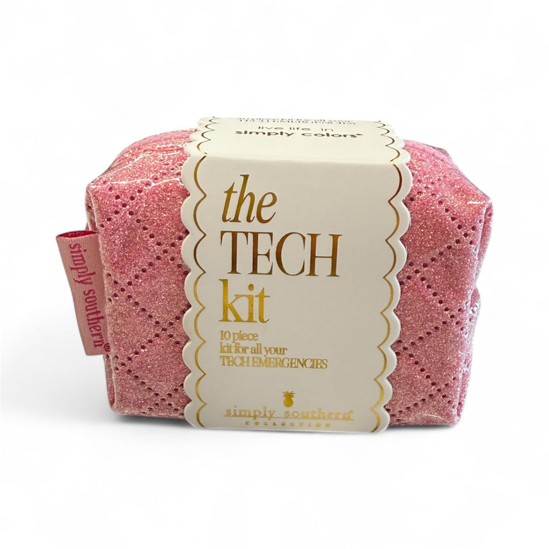 Pink glittery quilted pouch labeled "the TECH kit" with scalloped tag, 10 tech accessories. Size: one size.