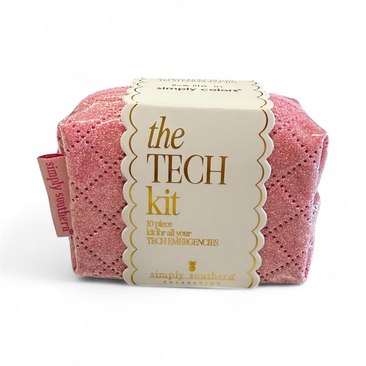 Pink glittery quilted pouch labeled "the TECH kit" with scalloped tag, 10 tech accessories. Size: one size.