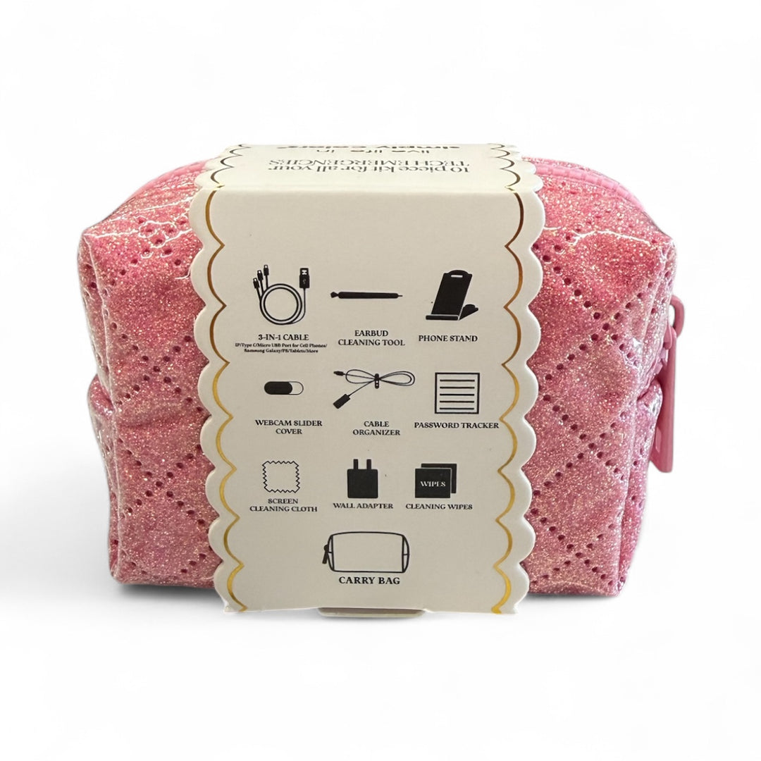 Pink glittery carry bag with scalloped label, includes 9 tech tools. Available in one compact size.