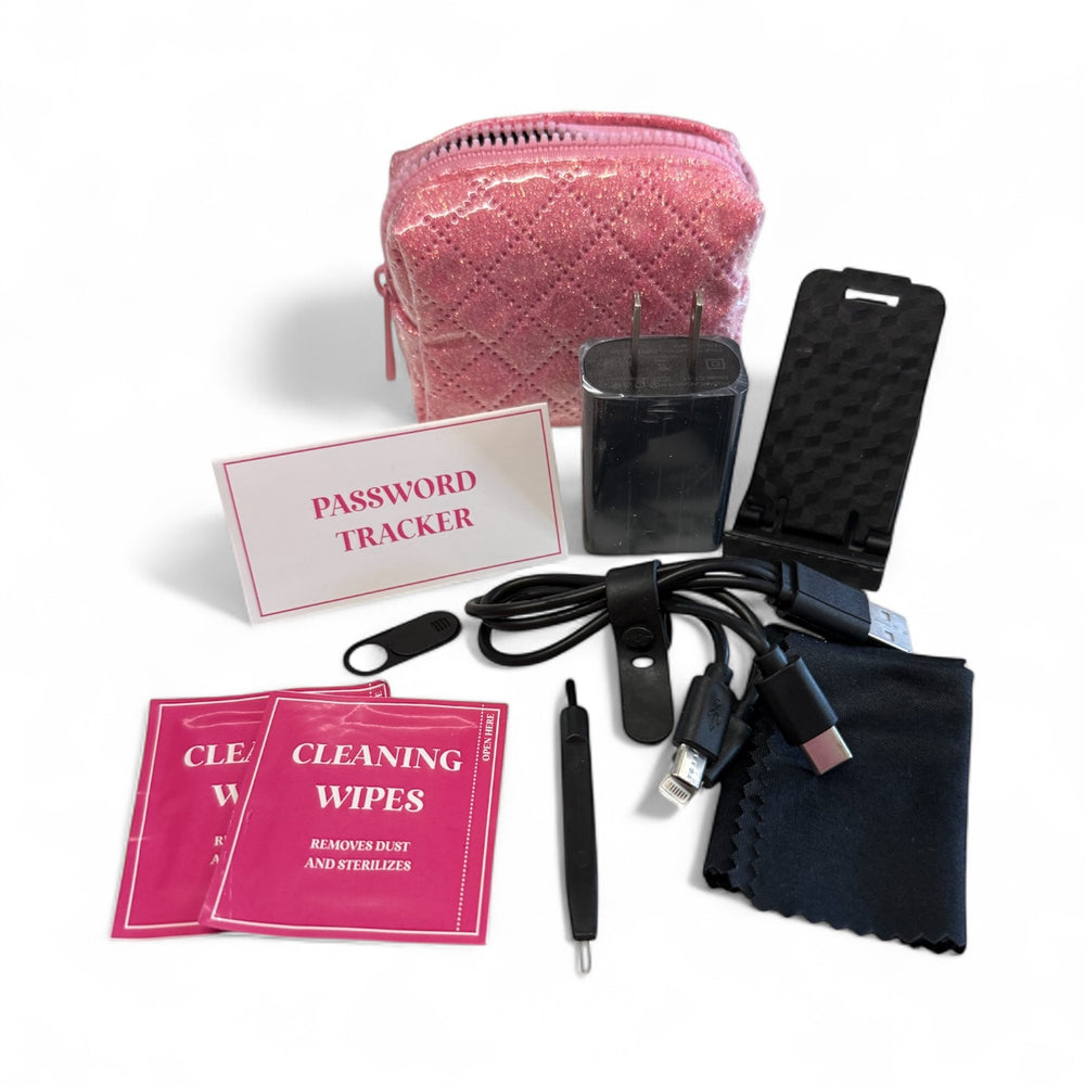 Pink quilted "PASSWORD TRACKER" tech kit pouch with 3-in-1 cable, USB cables, plug, cloth, wipes, tool. One size only.