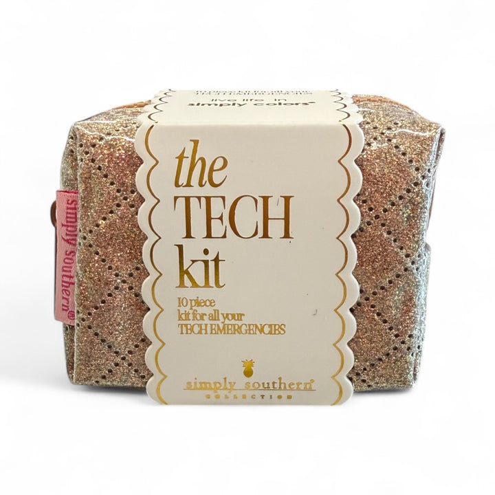 Glittery gold tech kit pouch with pink tag, holds 10 accessories incl. 3-in-1 charging cable. Size: One size.