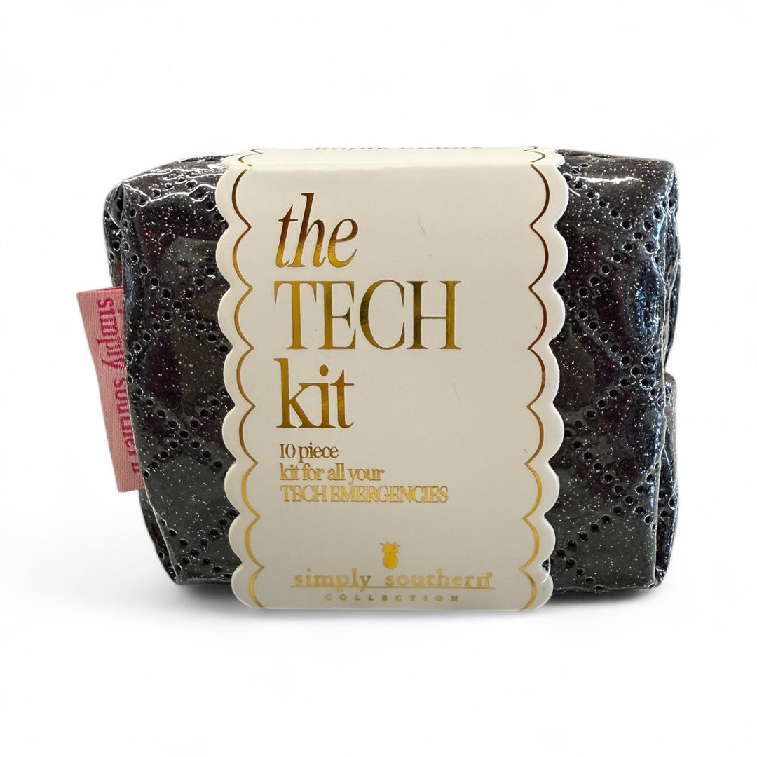 Small black tech kit pouch with cream label, pink "simply southern" tag. Includes 10 tech accessories. Sizes: one size.