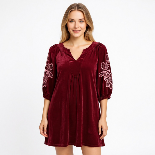 Wine Velvet Puff Sleeve Dress