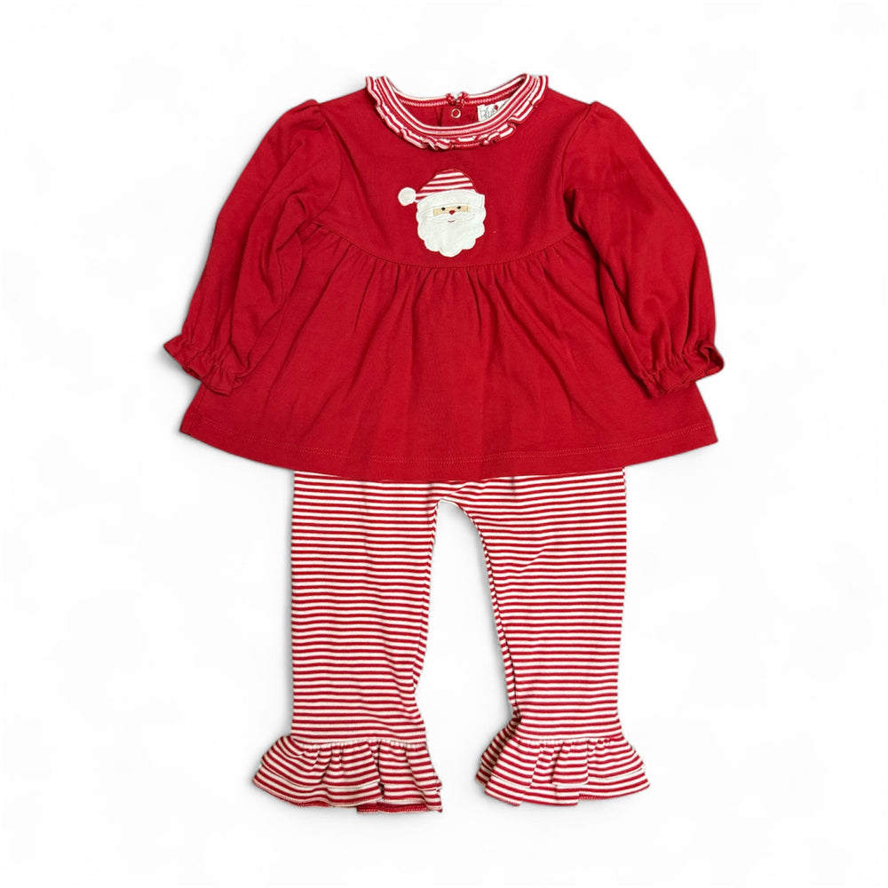 Santa Knit Top and Pant Set: red long-sleeved tunic with Santa appliqué and red-and-white striped ruffled leggings.
