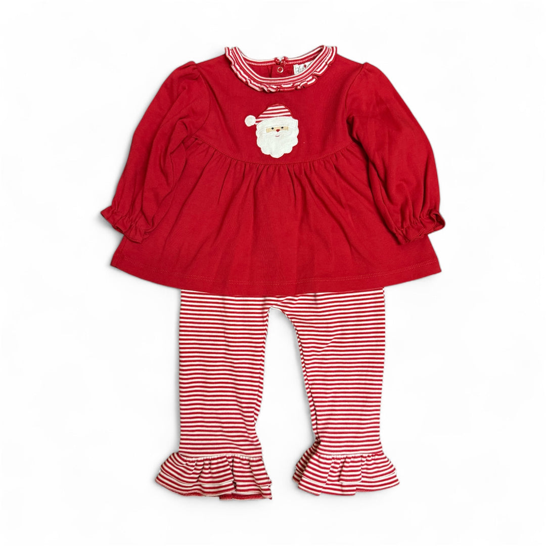 Santa Knit Top and Pant Set: red long-sleeved tunic with Santa appliqué and red-and-white striped ruffled leggings.