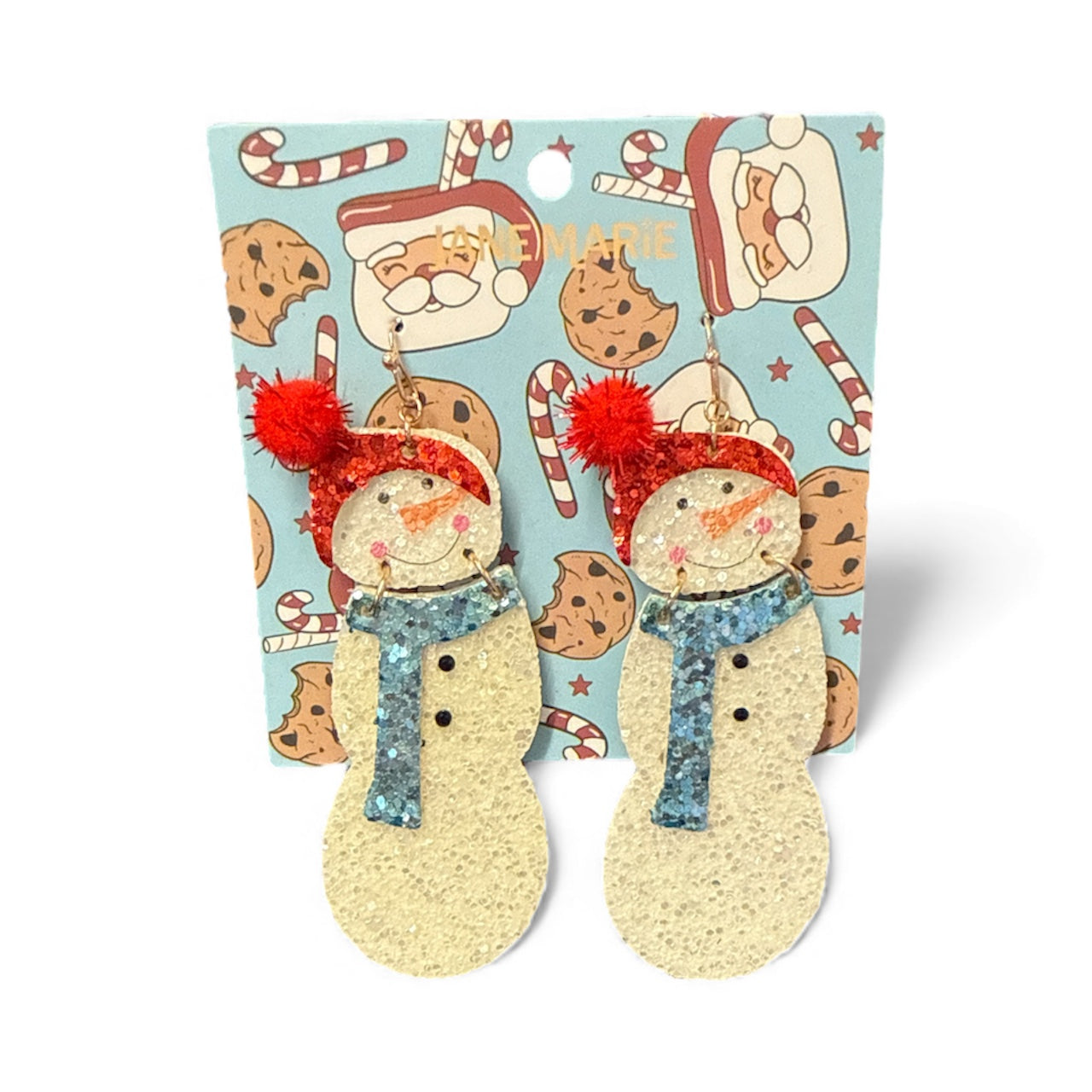 White Glitter Snowman Earrings with Red Pom