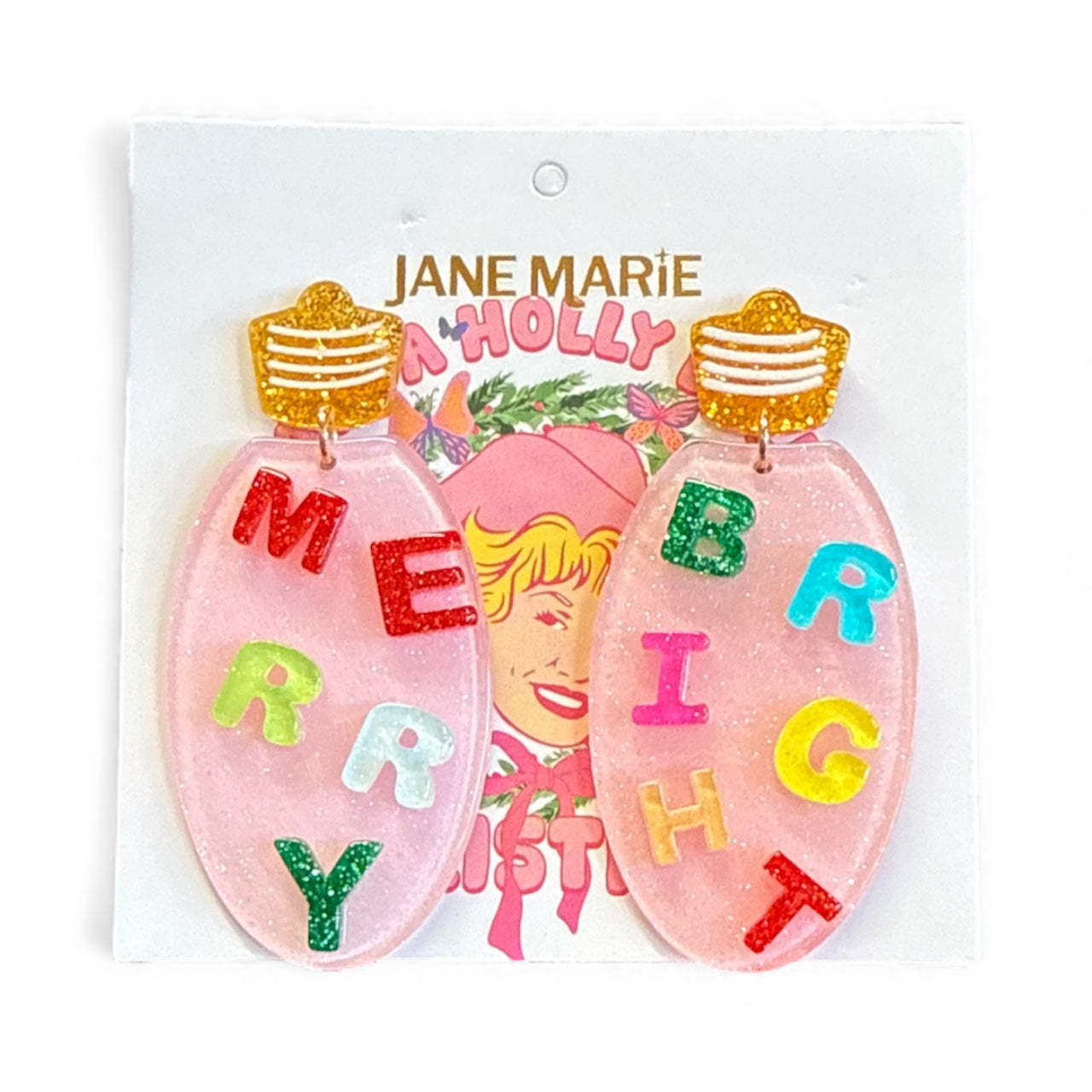 Pink Christmas Light Bulb Post Earrings with “Merry” & “Bright”