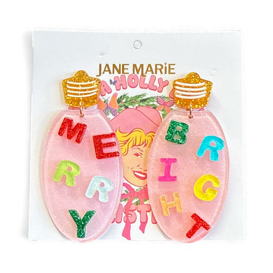 Pink Christmas Light Bulb Post Earrings with “Merry” & “Bright”