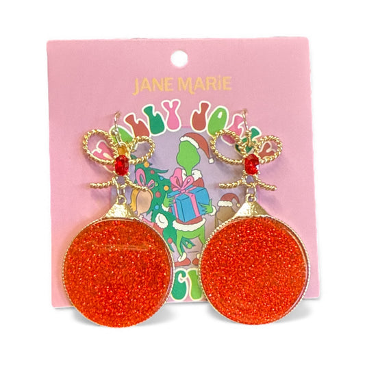 Red Resin Christmas Ornament Earrings with Red Crystal in Gold Bow