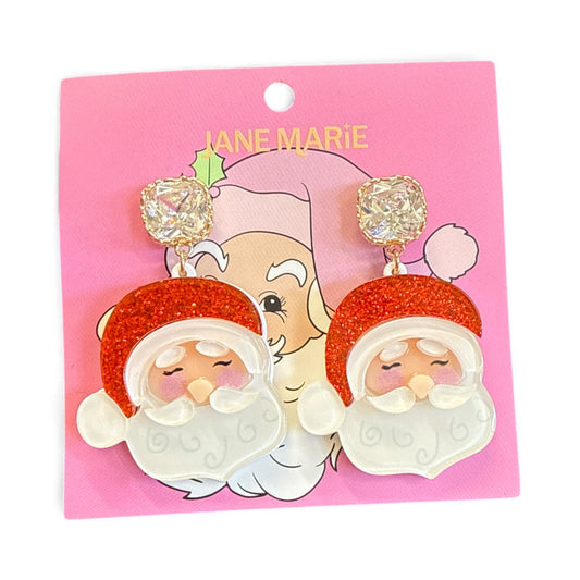 Acrylic Santa Claus Post Earrings with Clear Square Crystal