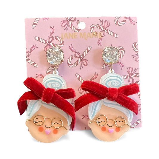 Acrylic Mrs. Claus Post Earrings with Velvet Bow & Clear Square Crystal
